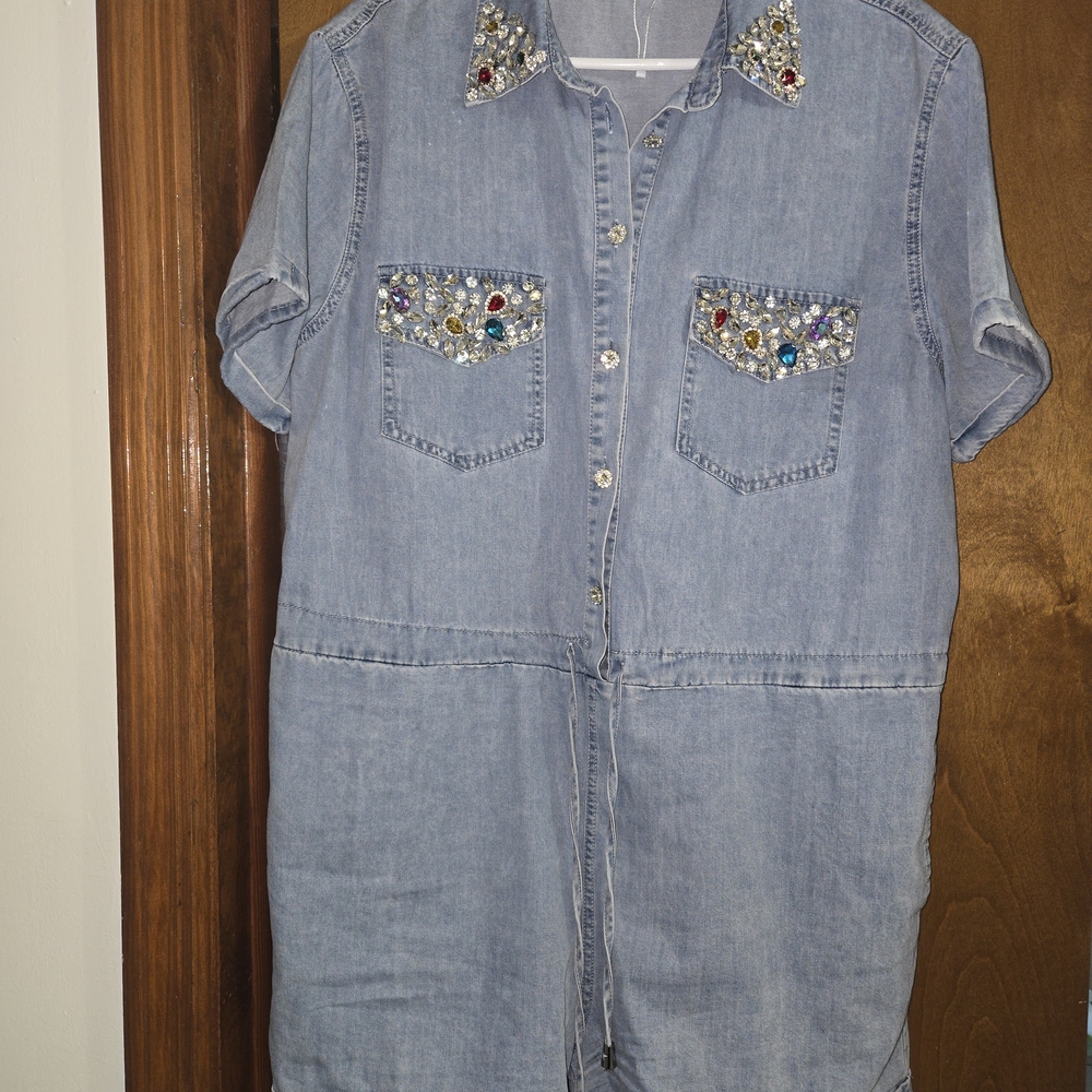Embellished Denim Shirt Dress with Gem Accents